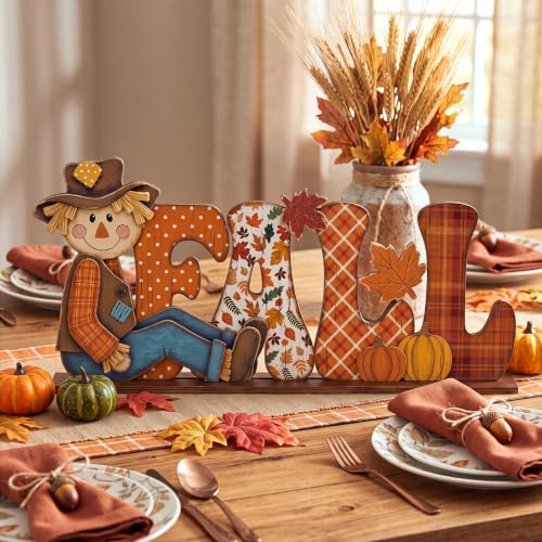 Yousoontic Fall Scarecrow Table Decorations Wooden Autumn Table Centerpieces Farmhouse Pumkin Maple Leaves Tabletop for Home Harvest Thanksgiving Kitchen Office(Fall) - style: Fall