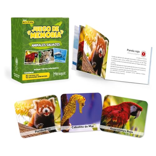 Menique Wild Animals Memory Matching Game – Spanish Edition – 80 Cards (40 Pairs) with Real Photos – Educational Game in Spanish for Kids and Adults – Includes Booklet - style: (ES) Animales Salvajes
