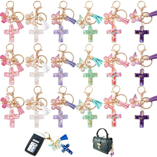 Cross Keychains Christian Keyring Tassels Butterfly Resin Jesus Key Chain Bag Charm Phone Car Key Accessories - size: 12 Packs