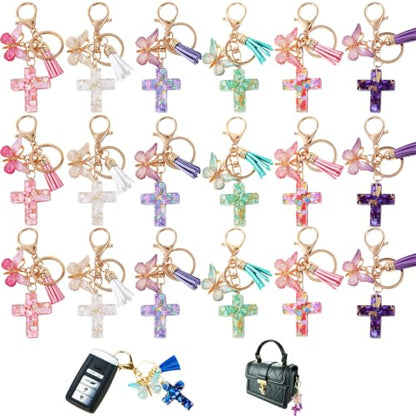 Cross Keychains Christian Keyring Tassels Butterfly Resin Jesus Key Chain Bag Charm Phone Car Key Accessories - size: 12 Packs