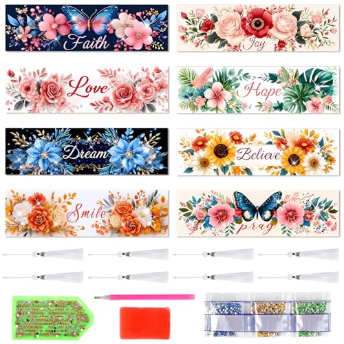 8 Pieces Christian Bible Verse Diamond Art Bookmarks 5d Christian Beaded Bookmark Acrylic Tassel Bookmark for DIY Making Beginners Adults Arts Craft Supplies (Floral-2) - color: Floral-2