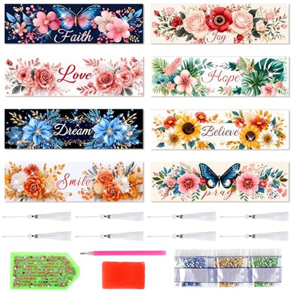 8 Pieces Christian Bible Verse Diamond Art Bookmarks 5d Christian Beaded Bookmark Acrylic Tassel Bookmark for DIY Making Beginners Adults Arts Craft Supplies (Floral-2) - color: Floral-2