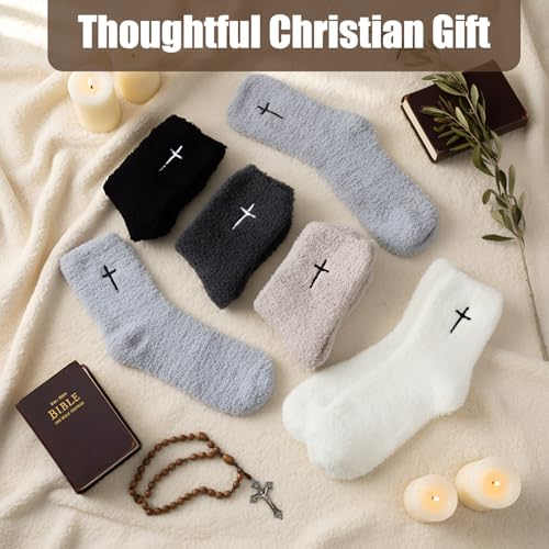 Cutecrop 5 Pairs Christian Gifts Socks Cross Print Fuzzy Socks Jesus Gifts Religious Fluffy Cozy Slipper Sock for Women Men - color: Light Color