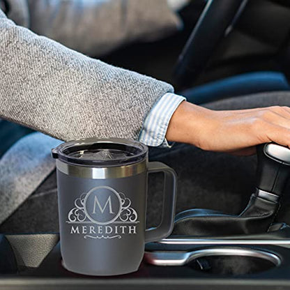 The Wedding Party Store Custom Personalized 20 oz Stainless Steel Powder Coated Vacuum Insulated Double Walled Travel Tumbler Coffee Mug with Handle and Lid (Grey) - color: Gray