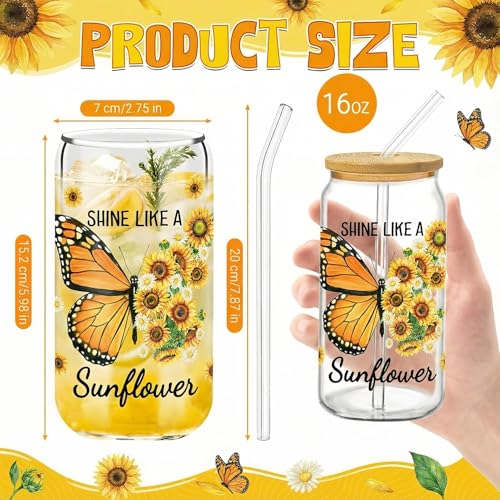Glass Cups with Lids and Straws, 6Pack, 16oz, Sunflower Christian - style: Sunflower