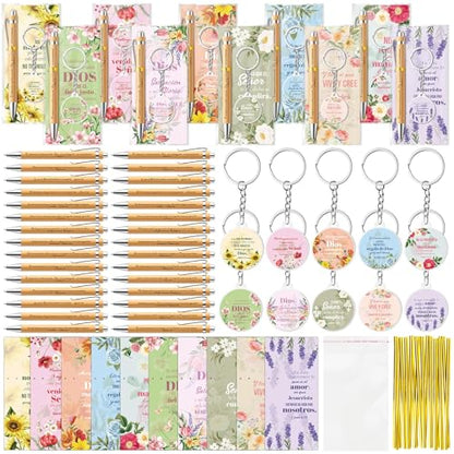 ANGOLIO Spanish Christian Religious Gifts - Back to School Gift 230P Colorful Flower Regalos Cristianos En Español Bible Verse Bamboo Pen Keychain Bookmark Stationary for Women Men VBS Church Supplies - style: Colorful Floral
