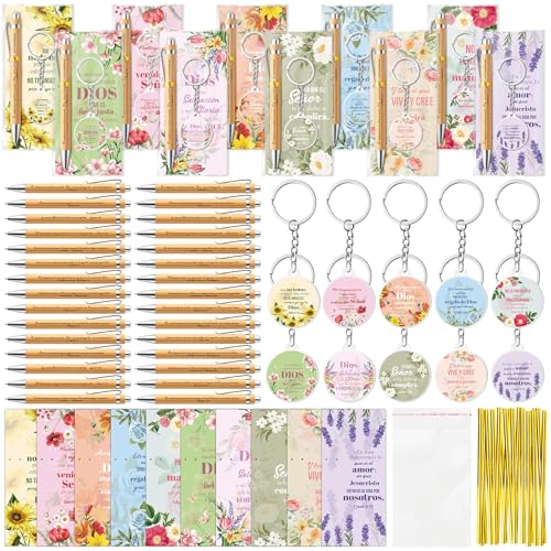 ANGOLIO Spanish Christian Religious Gifts - Back to School Gift 230P Colorful Flower Regalos Cristianos En Español Bible Verse Bamboo Pen Keychain Bookmark Stationary for Women Men VBS Church Supplies - style: Colorful Floral