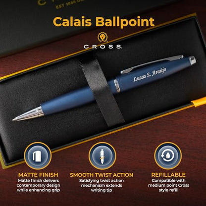 Cross Calais Personalized Ballpoint Pen in Matte Blue with Chrome Trim - color: Matte Blue