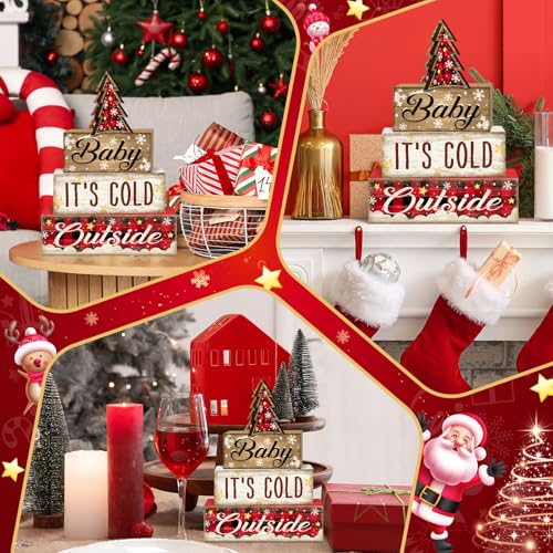 Britimes Tiered Tray Decor Set, 4 Pack, Wooden Table Sign, Plaid Farmhouse - color: Red