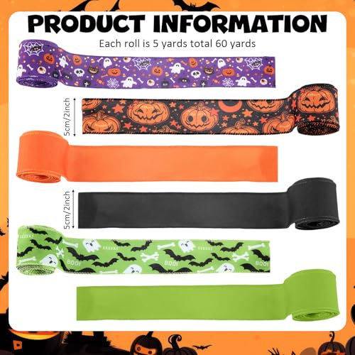12 Rolls 60 Yard Halloween Wired Ribbon for Wreath Craft Bow - style: Ghost