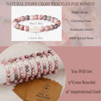COLOYAN 9Pcs Cross Natural Stone Beaded Stretch Bracelets for Women - color: A-pink zebra
