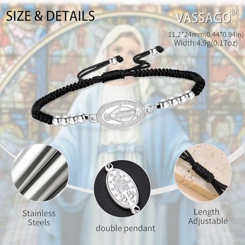 VASSAGO Virgin Mary Bracelet for Women Men Double-Sided Virgen de Guadalupe Rosary Bracelet Medal Handmade Braided Rope Catholic Christian Religious Jewelry Gift - color: silver-black string