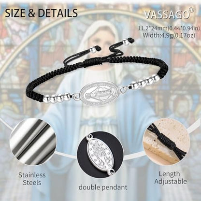 VASSAGO Virgin Mary Bracelet for Women Men Double-Sided Virgen de Guadalupe Rosary Bracelet Medal Handmade Braided Rope Catholic Christian Religious Jewelry Gift - color: silver-black string