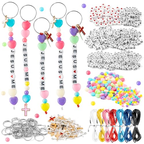 WATINC DIY Christian Bead Keychain Kits - Jesus Love Me Cross Beads Cute Key Chain Bag Charm Bracelet Making Craft Kits, Jewelry Accessories Winter Festival Party Gift Favor for Women Men (877Pcs)