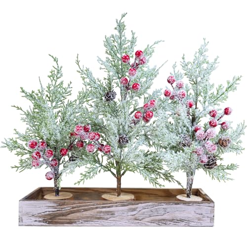 Winlyn 3 Pack Mini Christmas Trees with Wood Box Farmhouse Centerpiece Small Snowy Artificial Cedar Trees with Red Berries and Wood Bases Table Decorations for Rustic Home Winter Holiday Mantel Décor