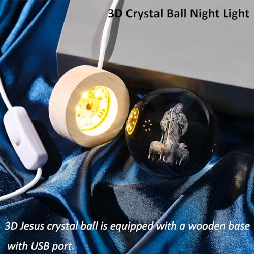 Arikyrist 3D Crystal Jesus Figurine Statue Night Light, Laser Engraved Crystal Christian Catholic Religious Easter Gift with Wooden Base - color: 3d Jesus#3