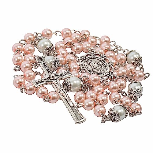Nazareth Store Pearl Beads Rosary White Our Father Beaded Necklace Lourdes Medal & Cross Crucifix Spiritual Devotion - color: Pink