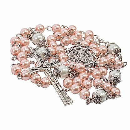 Nazareth Store Pearl Beads Rosary White Our Father Beaded Necklace Lourdes Medal & Cross Crucifix Spiritual Devotion - color: Pink
