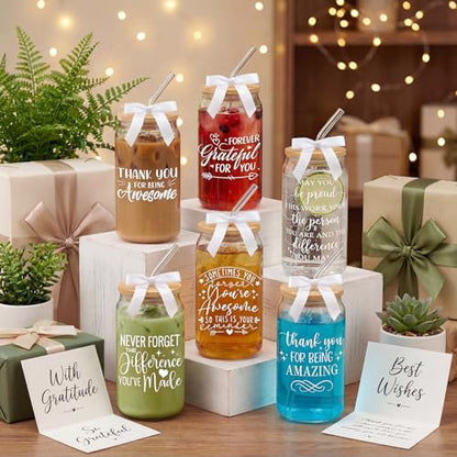Glass Cups with Lids and Straws, 6Pack, 16oz, Employee Nurse - style: Thank You