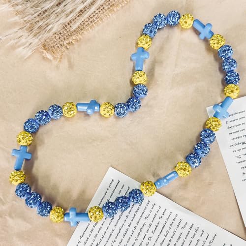 Baseball Bead Cross Necklace for Boys Kids, Elastic Rhinestone Bling Necklace Drip Gifts for Teens Players - color: Blue Cross/Teal Blue/Yellow
