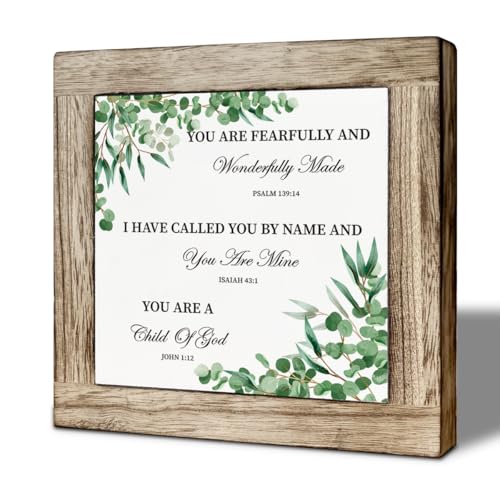 Christian Motivational Wooden Box Sign, Fearfully and Wonderfully, Baby Shower Christian Baptism Gifts, Made Inspirational Decor for Bedroom Home Office 5.9x5.9 Inches - color: color22