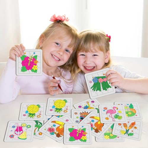 Cinrobiye 24 Pcs Hawaiian Luau Coloring Puzzle Craft Kit for Kids, DIY Aloha Tropical Jigsaw Puzzles Bulk with 12 Designs, Summer Beach Party Favors, Classroom Crafts, Birthday Rewards - color: Hawaii