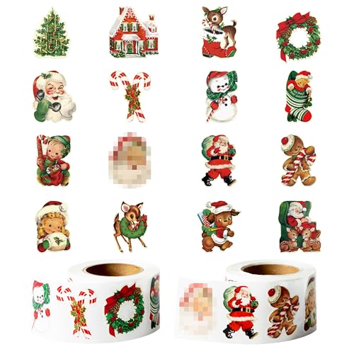 W1cwewy Vintage Christmas Sticker Rolls, 1000 Pcs Cartoon Santa Snowman Elk - style: Vintage Christmas-2