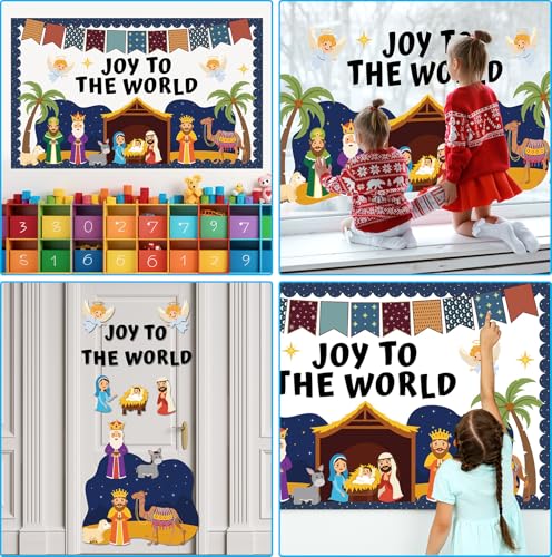 Christmas Nativity Scene Bulletin Board Set Christian Jesus Birth Classroom Decoration Joy to The World Bulletin Board Religious Paper Cutouts for Sunday School Classroom Church Chalkboard Wall Decor - style: JOY TO THE WORLD