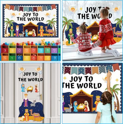 Christmas Nativity Scene Bulletin Board Set Christian Jesus Birth Classroom Decoration Joy to The World Bulletin Board Religious Paper Cutouts for Sunday School Classroom Church Chalkboard Wall Decor - style: JOY TO THE WORLD