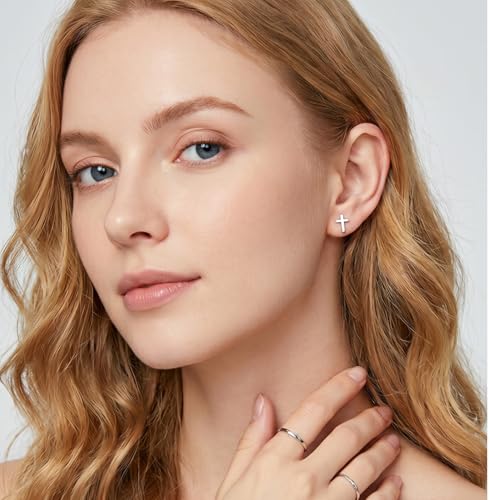 Reffeer Solid 925 Sterling Silver Cross Stud Earrings for Women Teen Small Cross Earrings Studs - color: A-Silver