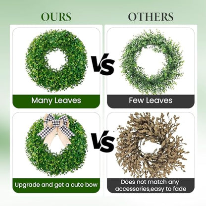 24 inch Boxwood Wreaths for Front Door with Burlap Bow and Hook