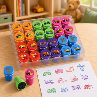 Cinrobiye 24 Pcs Construction Vehicle Stampers Party Favor Set, Cute Building Truck Stamps for Kids Birthday Party, Classroom Rewards, Carnival Prizes, Goody Bag Fillers, Themed Party Supplies - color: Construction Vehicle
