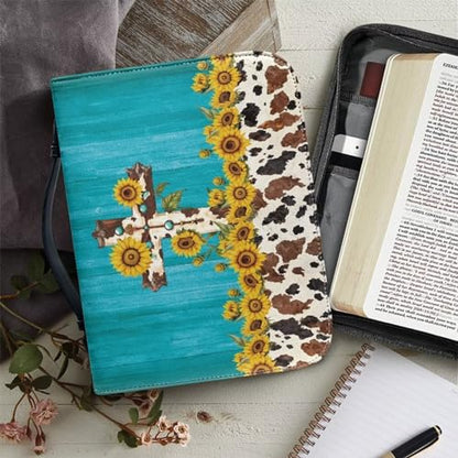 Blue Wood Grain Cross Bible Covers Case, Sunflowers Cow Print Women Girls Bible Cover Church Bag with Top Handle Protective Bible Carrying Case PU Leather Bag - color: Blue Wood Grain Cross - Sunflowers Cow, size: 2X-Large