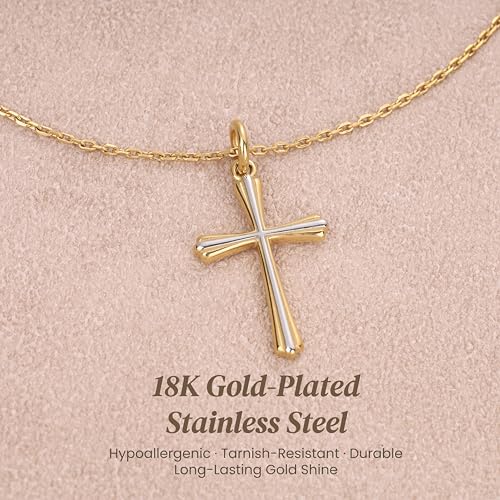 GAVU Catholic Confirmation Gifts, 18K Gold Plated Stainless Steel Cross Necklace, Dainty Cross Charm Necklace