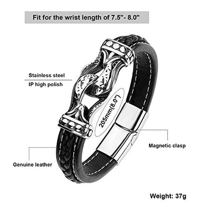 Men's Braided Leather Bracelet Wristband Cuff Bracelet for Men Gifts Stainless Steel Clasp - color: Black 2