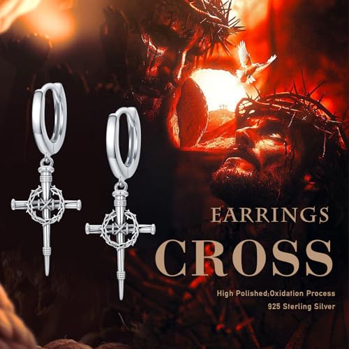 Cross Earrings for Women Men 925 Sterling Silver, Cross Hoop Drop Earrings, Christian Jewelry Gift for Women Men - style: Thorn Crown Cross Earrings