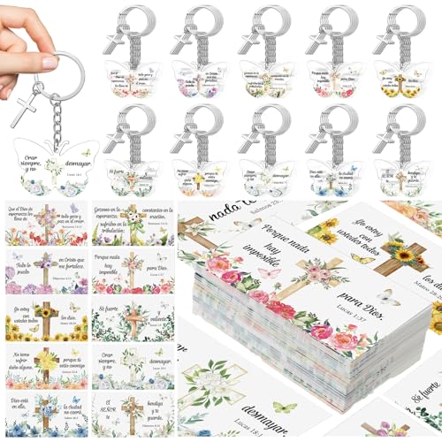 Sureio 100 Sets Spanish Christian Keychain and Cards - style: Cute Butterfly