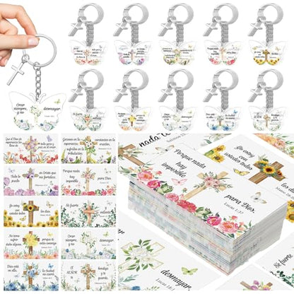 Sureio 100 Sets Spanish Christian Keychain and Cards - style: Cute Butterfly