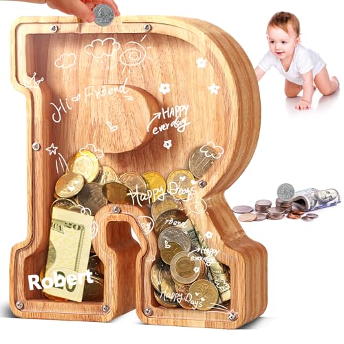 UBeesize Wooden Letter Piggy Bank for Boys Girls Toddler,Alphabet A-Z Money Bank,Coin Box Birthday Gift,Children's Gift Decoration Baptism (R) - color: R, size: 9 inches