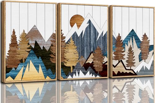 CHDITB Mountain Wall Art Prints Set, Country Woodcut Wall Decor, Rustic Forest Pictures Artwork, Nature Landscape Decoration, National Park Framed Canvas Paintings For Living Room Bedroom 16"x24"X3 - color: Mountain, size: 16"L x 24"W