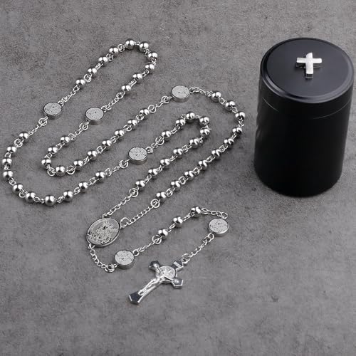HanlinCC Catholic Rosary Necklace Stainless Steel Prayer Bead with Gift Box - color: Silver St.Michael