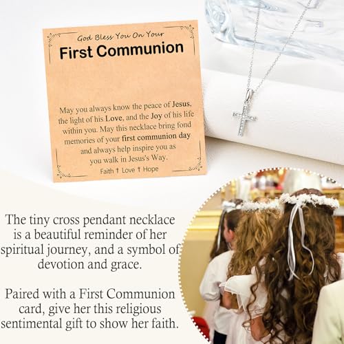 Cross Necklace for Girls Women, Baptism Easter First Communion Confirmation Gifts - 16"+2" Silver Plated Tiny Cross Necklace, Religious Jewelry Gifts for Daughter Granddaughter Goddaughter - style: First Communion