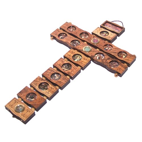 Holy Land Market Stations of the Cross etched as icons on this Olive wood Cross made by Laser technology (14 Stations Cross/Crucifix, 14 Inches) - size: 14"L x 8"W