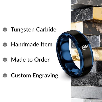 Gift for Nautical Fan - Anchor With Rope Ring - Men Women - Tungsten - Flat Dome Bevel - Band - Yellow Gold Black Silver Blue - Anniversary Wedding - 8mm - Brushed Polished - Personalized Custom Engra - color: 05 - Black Blue Tungsten