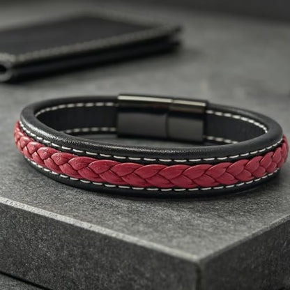 Kim Carrey Italian Handmade Leather Bracelets for Men - color: Black Red, size: 8.6"