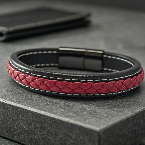 Kim Carrey Italian Handmade Leather Bracelets for Men - color: Black Red, size: 8.6"