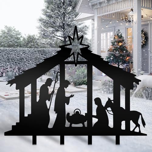 Cinnvoice 40" x 31" Large Christmas Metal Yard Stakes Christmas Garden Stakes Waterproof Xmas Outdoor Yard Decor with Stake for Xmas Holiday Lawns Outdoor Decor(Nativity, Black) - style: Nativity