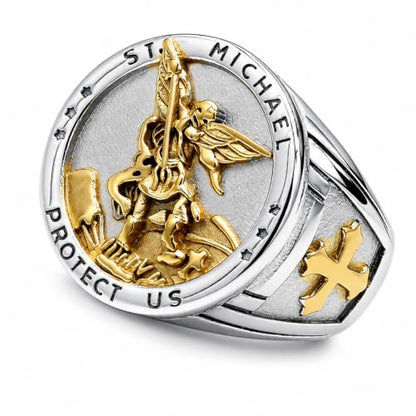 Mens St Michael Ring Stainless Steel Two Tone Archangel Saint Michael Protect Us Cross Signet Ring, Heavy Vintage Religious Biker Amulet Jewelry for Men Police Military