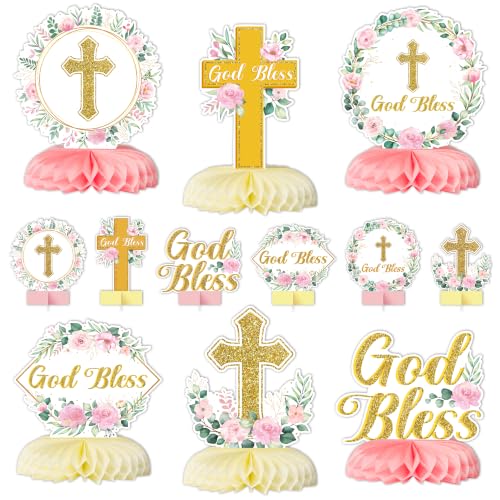 ANGOLIO 12P Pink Floral God Bless Baptism Honeycomb Centerpiece Decorations - style: Light Pink Gold God Bless