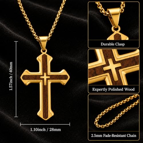 14K Gold Plated Wood Cross Necklace for Men Christian Pendant Jewelry - color: A04-Cross